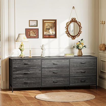 Huuger 63 Inch Dresser for Bedroom, Dresser for Closet with 9 Drawers, Large TV Stand for 55, 65, 70 Inch TV, Entertainment Center, Wide Long Chest of Drawers, Charcoal Black Wood Grain Print
