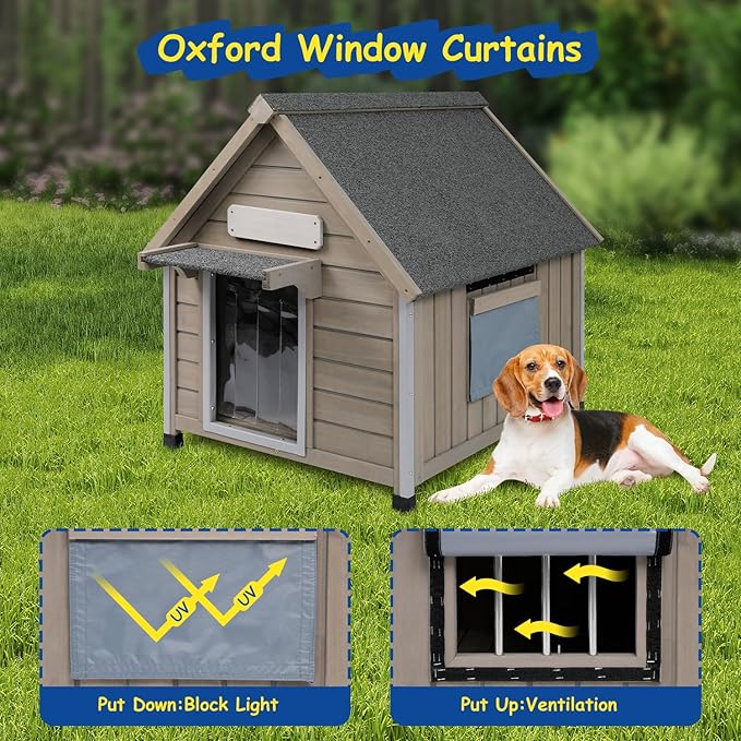 Outdoor Dog House Waterproof for Medium Small Dogs with Anti-Chewing Iron Frame, Adjustable Vent Window, Indoor & Outdoor Doghouse Kennel Puppy Shelter, Easy Clean and Assemble (26" L*31.9" W*32" H)-Mewly Pet