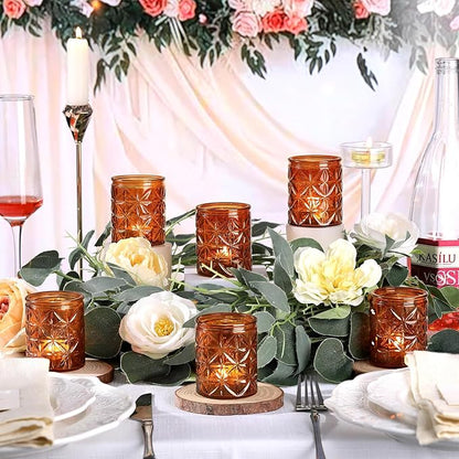 12 Pack Vintage Amber Votive Candle Holders, Glass Candle Holders for Wedding Table Centerpiece, Small Tealight Candle Holder for Home Decor, Tea Lights Candle Holder for Party, Boho Fall Decor