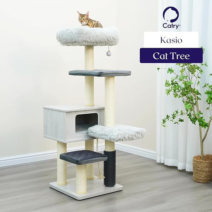 Catry Kasio 6 Level 54" High Modern Cat Tree with Laminated Wood Condo,Replaceable Scratching Posts,Removeable Washable Beds, Self Grooming Brush and Toys.(Light Gray)-Mewly Pet