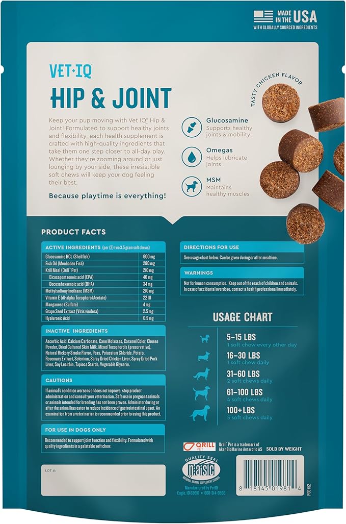 VetIQ Hip & Joint Supplement for Dogs, Anti Inflammatory Joint Support, Glucosamine, MSM, and Krill, Chicken Flavored Soft Chews, 60 Count-Mewly Pet