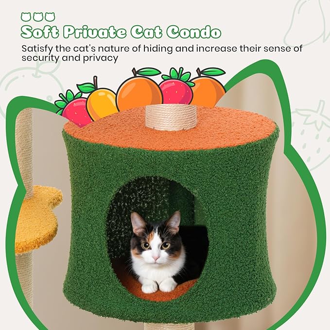Happy & Polly Cute Cat Tree - 48.4" Fruit World Cat Tower for Indoor Cats, Multi-Level Cat Condo with Sisal Scratching Posts, Private Cave, Plush Strawberry Perches, Perfect Cat Tree Activity Center-Mewly Pet