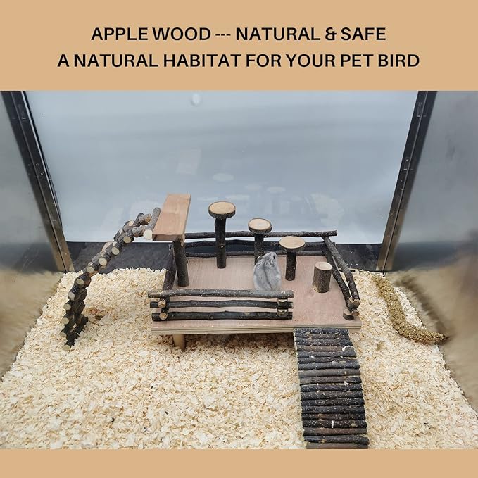 HOSUKKO Hamster Climbing Toys Wooden Hamster Playing Activity Set, Hamster Activity Playground Climb Platform Apple Wood Chewing Toys for Hamster Small Pets (D-Playground with Large Bridge)-Mewly Pet