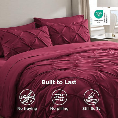 Bedsure Full Comforter Set Dark Red - Bed in a Bag Full Size Bedding Set 7 Pieces, GentleSoft™ Pintuck Bed Set Gift for Family, Pinch Pleat All Season Comforter with Sheets, Pillowcases & Shams