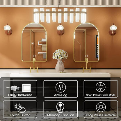 20x30 Inch Arched LED Bathroom Mirror with Lights, Adjustable 3000K/4500K/6000K, Wall Mounted Gold Frame Lighted Bathroom Vanity Mirror, Anti-Fog, Dimmable, Memory Function