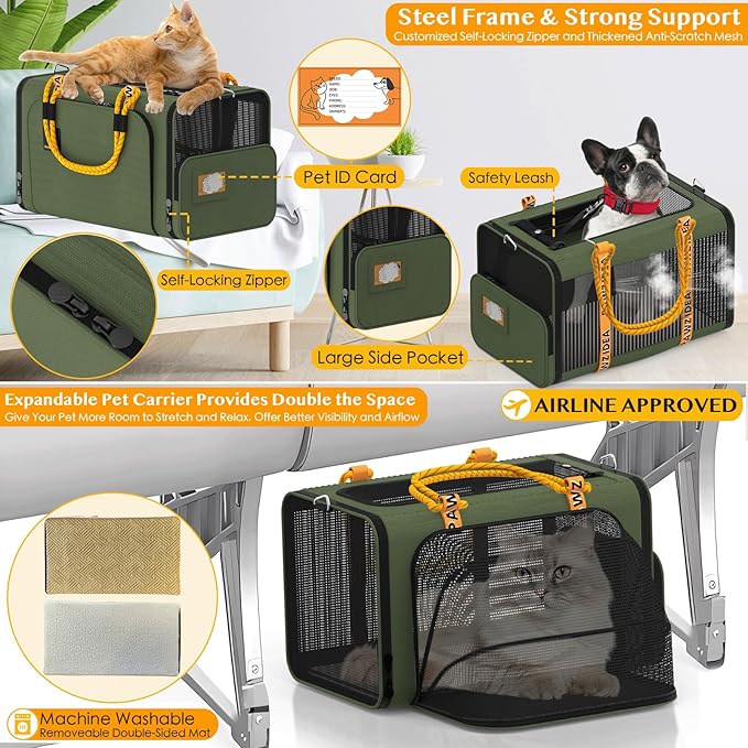 PAWZIDEA Double Pet Stroller with 2 Detachable Carriers, Portable Dog Crate for Car Travel & TSA-Approved Expandable Cat Carrier, Foldable Lightweight Jogger Stroller for 2–4 Cats or Small/Medium Dogs-Mewly Pet