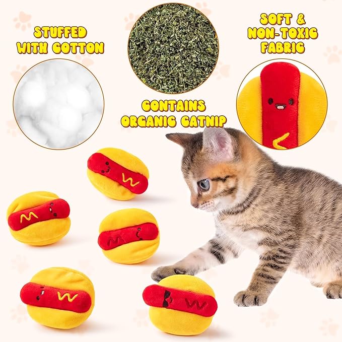 L1rabe Hot Dog Catnip Stuffed Toys - 5Pcs Fall Funny Hot Dog Cat Toys Indoor Yellow Interactive Pet Supplies, Kitten Chew Bite Tools Cat Lovers Gifts, Organic Eco-friendly Birthday Present for Kittens-Mewly Pet