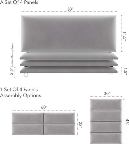 Vänt Upholstered Wall Panels - Queen/Full Size Wall Mounted Velvet Headboards - Velvet Platinum Grey - Set of 4 Panels (Each Individual Panel 30"x11.5")