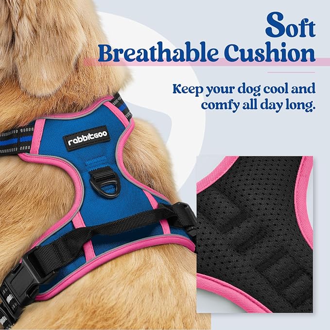 rabbitgoo Dog Harness No Pull with 2 Leash Clips, Adjustable Soft Padded, Reflective Oxford No Choke Pet Vest with Easy Control Handle for Large Dogs, Blue & Hot Pink, XL-Mewly Pet