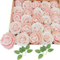 Artificial Flowers 25pcs Fake Roses, Pinkish White Foam Rose Faux Flower for Wedding Bouquet Bridal Shower Centerpieces Floral Arrangements Home Decorations Party Backdrops Table