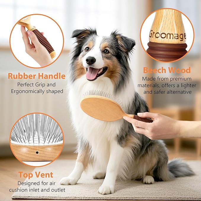 Dog Brush for Long Haired Dogs, 27mm Extra Long Metal Pin Dog Deshedding Brush and Comb Set, Short Haired Shedding Grooming Detail Pets Brush Set with Rubber Handle-Mewly Pet