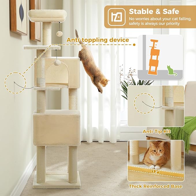 Cat Tree for Indoor Cats, Multi-Level Cat Tower with Sisal Scratching Posts, Padded Platform, Multi-Level Cat Condo w/Soft Bed & Scratching Pad, 2 Pompoms, Sturdy Base, Beige-Mewly Pet