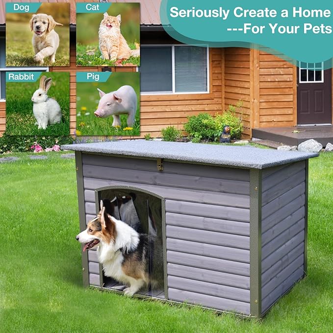 Indoor Outdoor Dog House,Anti-Chewing Iron Frame Dog Kennel,Wood Warm Pets Home,Weatherproof Outside Shelter-Mewly Pet