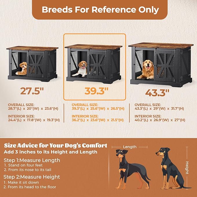VOPEAK 40" Farmhouse Dog Crate Furniture, Heavy Duty Dog Cage for Medium Large Dogs, Dog Crate Dog Kennel Indoor with Double Doors, Chew Resistant End Table for Bedroom Living Room, Black-Mewly Pet