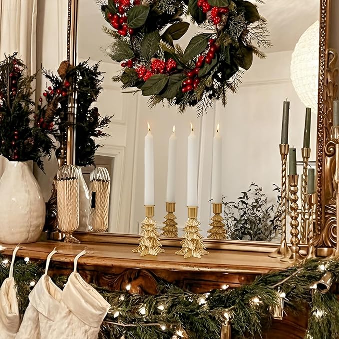 WDS WONDROUS Christmas Tree Candle Holders Set of 4 – Taper Candle Holders for Christmas Decorations, Gold Resin Candlestick Holders with Table Top, Metal, Dining Table Centerpieces & Holiday Decor