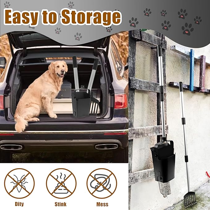 Pooper Scooper Metal 38" Long Adjustable Handle Swivel Bin & Rake for Large & Small Dogs Non-Breakable Dog Poop Scooper Easy to Clean Pet Waste Use on Grass, with 20 Waste Bags-Mewly Pet