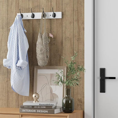 Coat Hooks Wall Mounted, Wooden Hat Rack with 4 Hooks for Entryway, Bathroom,Bedroom(White)
