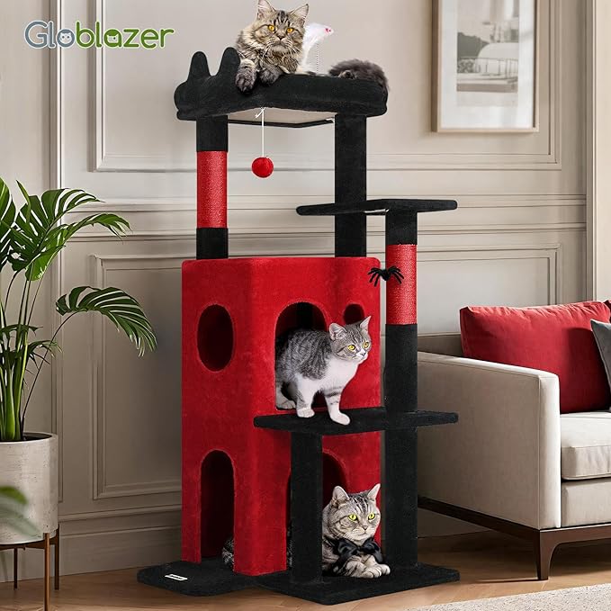 Globlazer Gothic Cat Tree Tower for Indoor Cats, 50-inch Goth Adult Cat Tree House for Large Adult Cats with Steps, Scratching Post, 2 Cat Caves, Dangling Toys, FC50, Blood-Goth-Mewly Pet