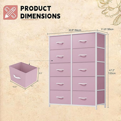 DWVO 10 Drawer Dresser - Fabric Storage Tower, Tall Chest Organizer Unit, Living Room, Hallway, Closets - Sturdy Steel Frame, Wooden Top & Easy Pull Fabric Bins, Pink