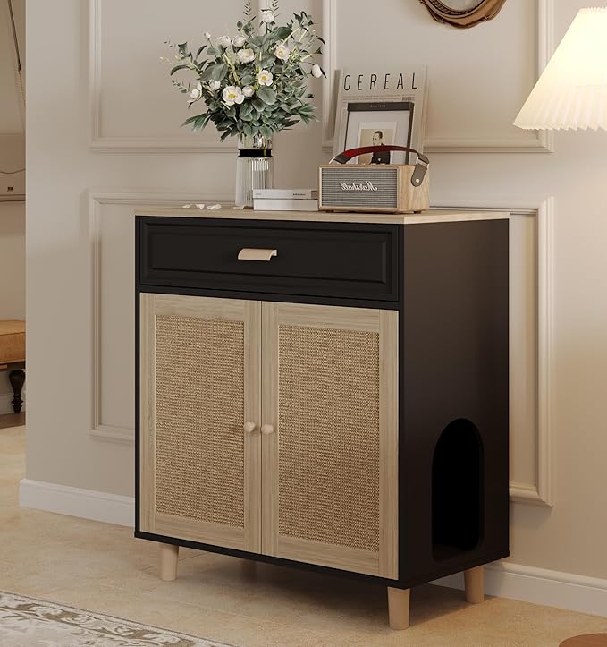 Cat Litter Box Enclosure Furniture Hidden Indoor 2-in-1 Wooden Cat House & Washroom Cabinet with Scratching Board Doors and Drawer, 31.5"x15.7"x34.6"H - Black-Mewly Pet