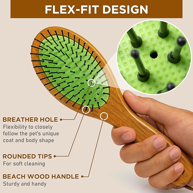 TAKAVU Pin & Bristle Pet Brush for Dogs & Cats - Double Sided Grooming Tool Detangles, Removes Loose Hair & Conditions Coat - Wood Handle-Mewly Pet