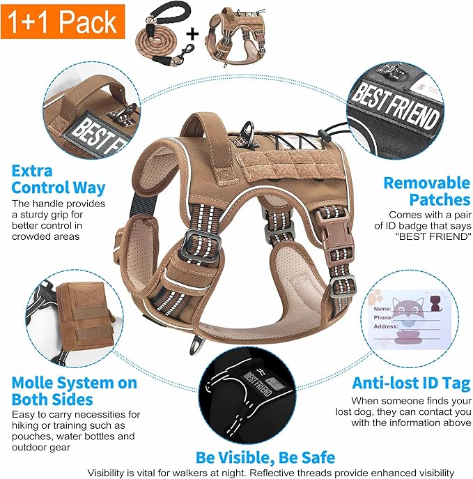 Heavy Duty Tactical Dog Harness for Medium Dogs, Brown, Molle System, Four-point Adjustment, Anti-lost ID Tag, Includes 5ft Leash-Mewly Pet