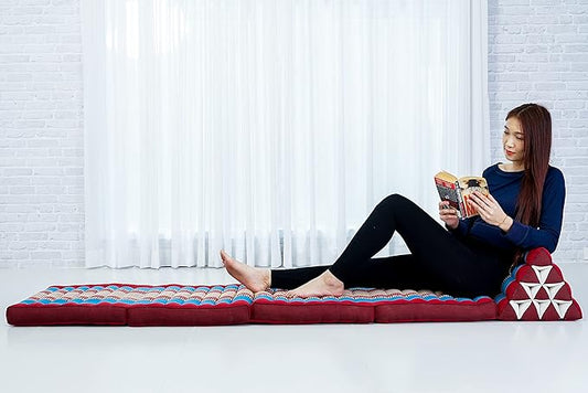 Leewadee Comfortable Japanese Floor Mattress - Thai Floor Bed with Triangle Cushion - Futon Mattress - XL Extra Long Thai Massage Mat, 89 x 20 inches, Blue Red, Kapok Filling