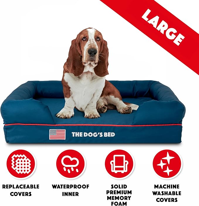 The Dog’s Bed, Large Blue Oxford with Red Trim USA Flag Dog Bed 36x27 Memory Foam, Pain Relief: Arthritis, Post Surgery, Lameness, Supportive, Calming, Waterproof Washable Cover, Veterinary Approved-Mewly Pet
