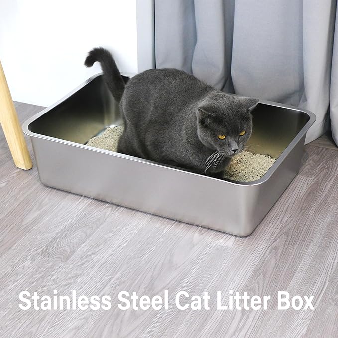 Stainless Steel Litter Box -6in High Sided,XL Metal Cat Litter Box for Big Cats Easy to Clean, Cat LitterBox Metal Pet Toilet for Adult Big Cats,Non Stick, No Smell,23.6"x15.8"x6"-Mewly Pet