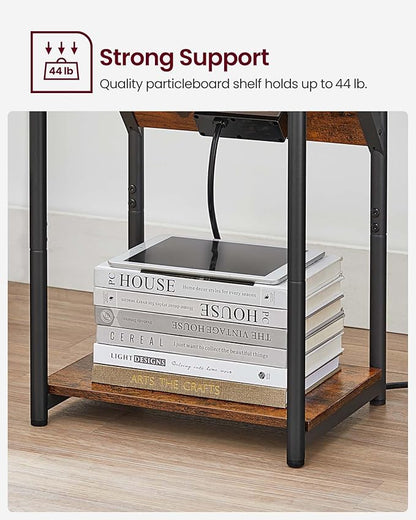 VASAGLE End Table with Charging Station, Small Side Table for Living Room, Bedroom, Nightstand with Outlets and USB Ports, Bedside Table with Storage Shelf, Rustic Brown and Black