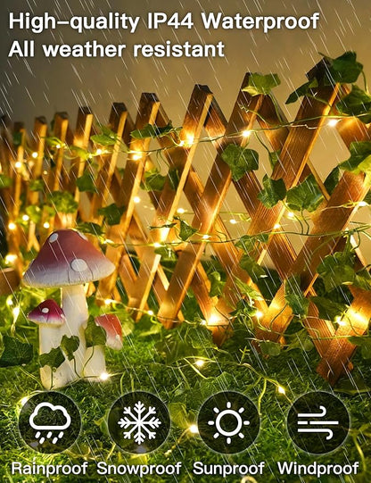 suddus Solar Fairy Lights with Vine, 33ft 100 Led Ivy Solar String Light Outdoor Waterproof, 8 Modes Leaf Lights for Balcony, Yard, Patio, Garden, Fence (Warm White)