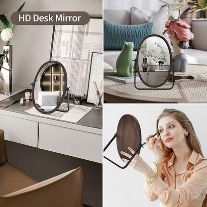 Vanity Table Makeup Mirror-Desk Small Standing Vintage Mirrors 360° Adjustable Rotation, Bronze Wood Framed for Dressing Table,Bedroom, Bathroom,Tabletop,Antique,Desktop 11.8'' x 7.8''