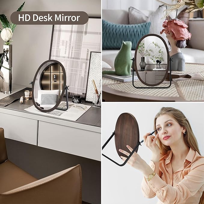 Generic Vanity Table Makeup Mirror-Desk Small Standing Vintage Mirrors 360° Adjustable Rotation, Bronze Wood Framed for Dressing Table,Bedroom, Bathroom,Tabletop,Antique,Desktop 11.8'' x 7.8''