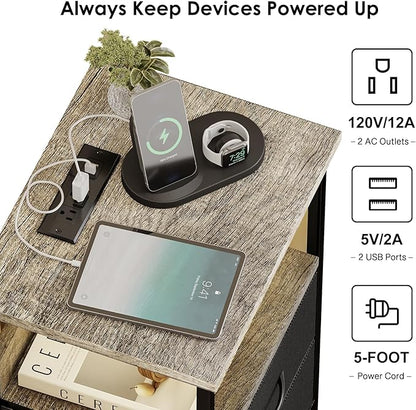 Fixwal Night Stand with Charging Station, LED Nightstand with Fabric Drawers, End Table with PU Finish, Bed Side Table, French Oak