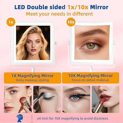 Ruacq Rechargeable Makeup Mirror, 4000mAh Lighted Makeup Mirror with Magnification 1X/10X, Height Adjustable Vanity Mirror with Lights, 3 Color Lights, Adjustable Brightness, 360°Rotation (White)