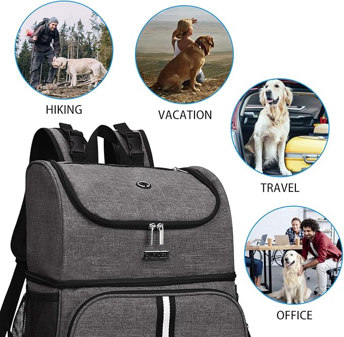 BAGLHER Pet Travel Bag, Double-Layer Pet Supplies Backpack (for All Pet Travel Supplies), Pet Travel Backpack with 2 Silicone Collapsible Bowls and 2 Food Baskets Grey-Mewly Pet