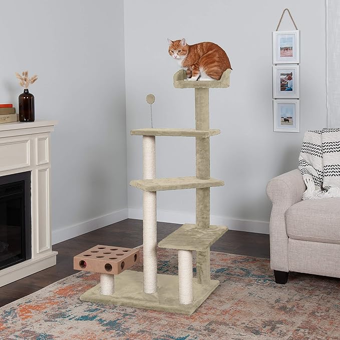 Furhaven 49.5" Tall Cat Tree for Indoor Cats, Ft. Sisal Scratching Posts, Plush Ball Toy, & Busy Box Toy - Tiger Tough Play Stairs Interactive Playground Tower - Cream, One Size-Mewly Pet