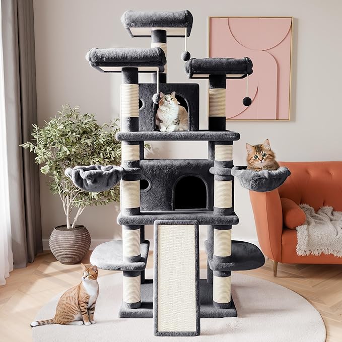 SHA CERLIN 68 Inches Multi-Level Large Cat Tree for Large Kitties/Big Cat Tower with Condo/Cozy Plush ‌Pussycat Perches/Sisal Scratching Posts and Hammocks/Activity Center/Dark Grey-Mewly Pet
