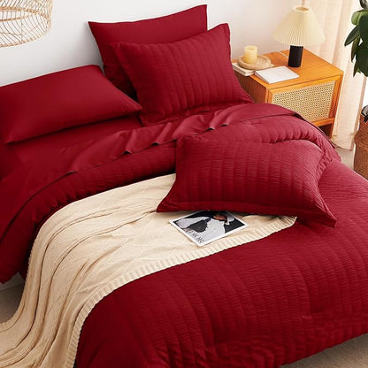 CozyLux King Size Comforter Set Dark Red Seersucker 7 Pieces Bed in a Bag King Comforter Set with Sheets, Luxury Bedding Sets with Down Alternative Comforter, Sheets, Pillowcases & Shams All Seasons