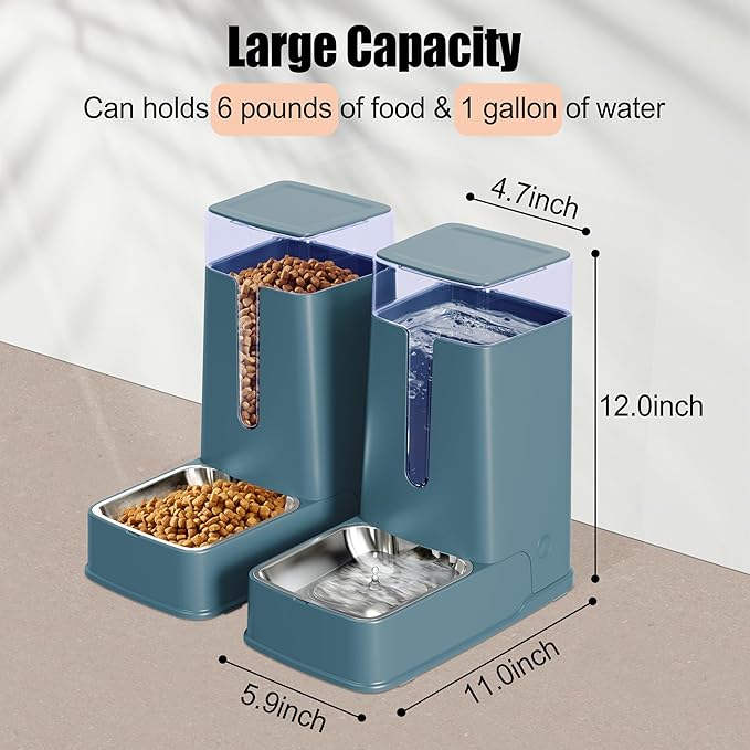 Automatic Cat Feeder and Cat Water Dispenser Set with Stainless Steel Bowls Gravity Dog Feeder for Small Medium Big Dog Pets Puppy Kitten, 3.8L x 2 (Cyan)-Mewly Pet