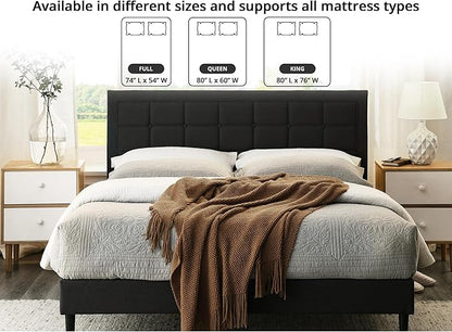 Decoro Mornington Upholstered 2.0 Platform Bed, Button-Tufted Fabric Headboard and Metal Frame with Wood Slat Support, Dark Grey, King