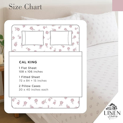 Linen Home 100% Cotton Printed Percale Sheets California King Size, Deep Pocket, 4 Pieces Set-1 Flat, 1 Deep Pocket Fitted Sheet and 2 Pillowcases, Crisp Cool Bed Linen, Mauve Silhouette Floral