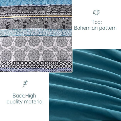 Cottolester Teal Comforter Set King Size,Boho Striped Bed in a Bag 8 Pieces,Paisley Soft Microfiber Bedding Comforter Set