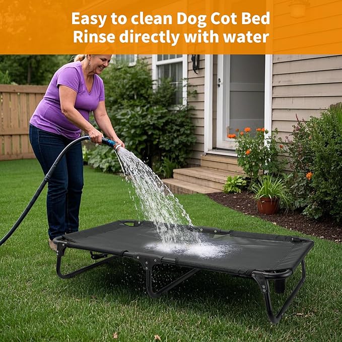Elevated Dog Bed Large Sized Dog Cots Beds for Large Dogs Foldable Raised Dogs Beds Outdoor Cooling Chew-Proof, No Assembly Need, Black-Mewly Pet
