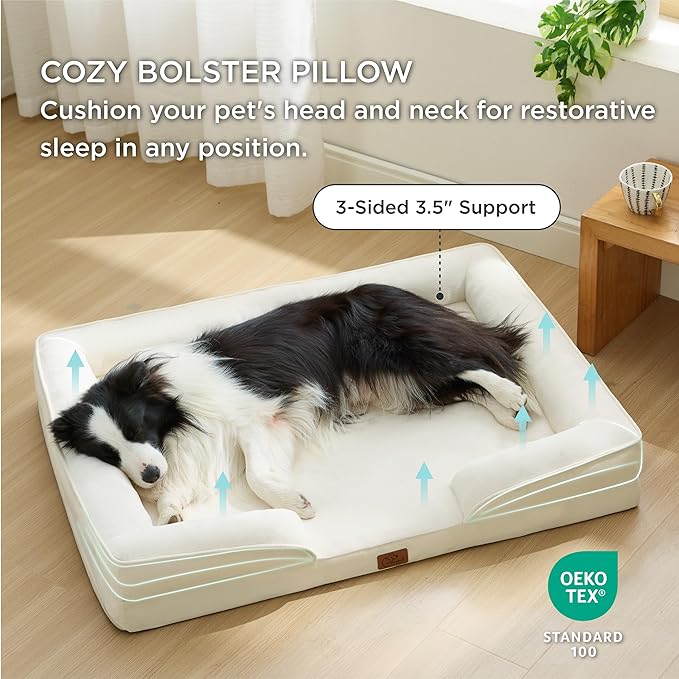Bedsure Orthopedic Dog Beds Large Sized Dog - Washable Large Dog Cat Bed Waterproof, Comfort Dogs Couch Sofa with Washable Removable Cover, Pet Bed with Nonskid Bottom, Ivory, 35"-Mewly Pet