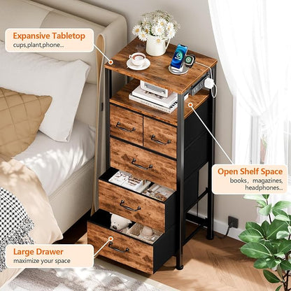 Furnulem Dresser for Bedroom, Tall Nightstand, Vertical Chest with Wood Top, Charging Station, LED Lights, 5 Fabric Bins, Bedside Table with Shelf, Furniture for Entryway (5 Drawer, Rustic Brown)