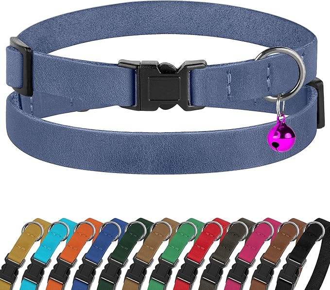 Breakaway Cat Collar Leather with Removable Bell - 13 Colors Available - Soft Adjustable Girl Boy Safety Lightweight Pet Kitten Collars Pink Brown Blue Green Red Orange Black (Denim)-Mewly Pet