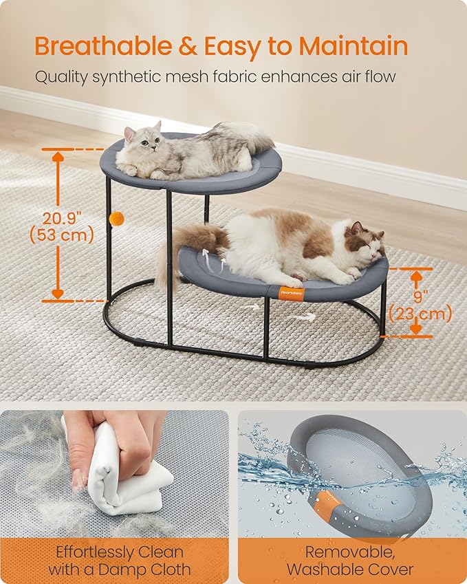 Feandrea 2-Tier Elevated Cat Hammock Bed, Breathable Furniture for Multi-Cat Households Indoor and Outdoor, with Removable Washable Mesh, Steel Frame, for Summer, Dove Gray UPCB012G01-Mewly Pet