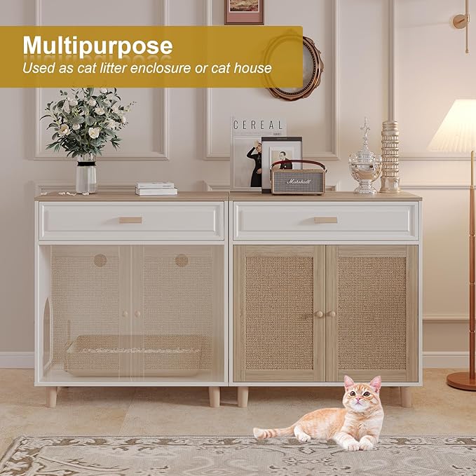 Cat Litter Box Enclosure Furniture Hidden Indoor 2-in-1 Wooden Cat House & Washroom Cabinet with Scratching Board Doors and Drawer, 31.5"x15.7"x34.6"H-Mewly Pet