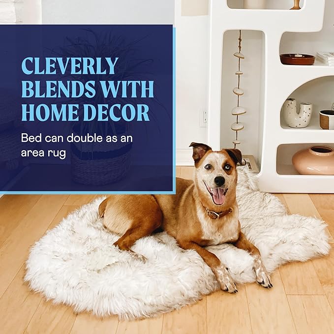 PupRug Orthopedic Dog Bed for Large Dogs with Fluffy Soft Faux Fur and Memory Foam for Joint Pain Relief, Machine Washable and Waterproof Couch Bed, White with Brown Accents, Medium-Mewly Pet